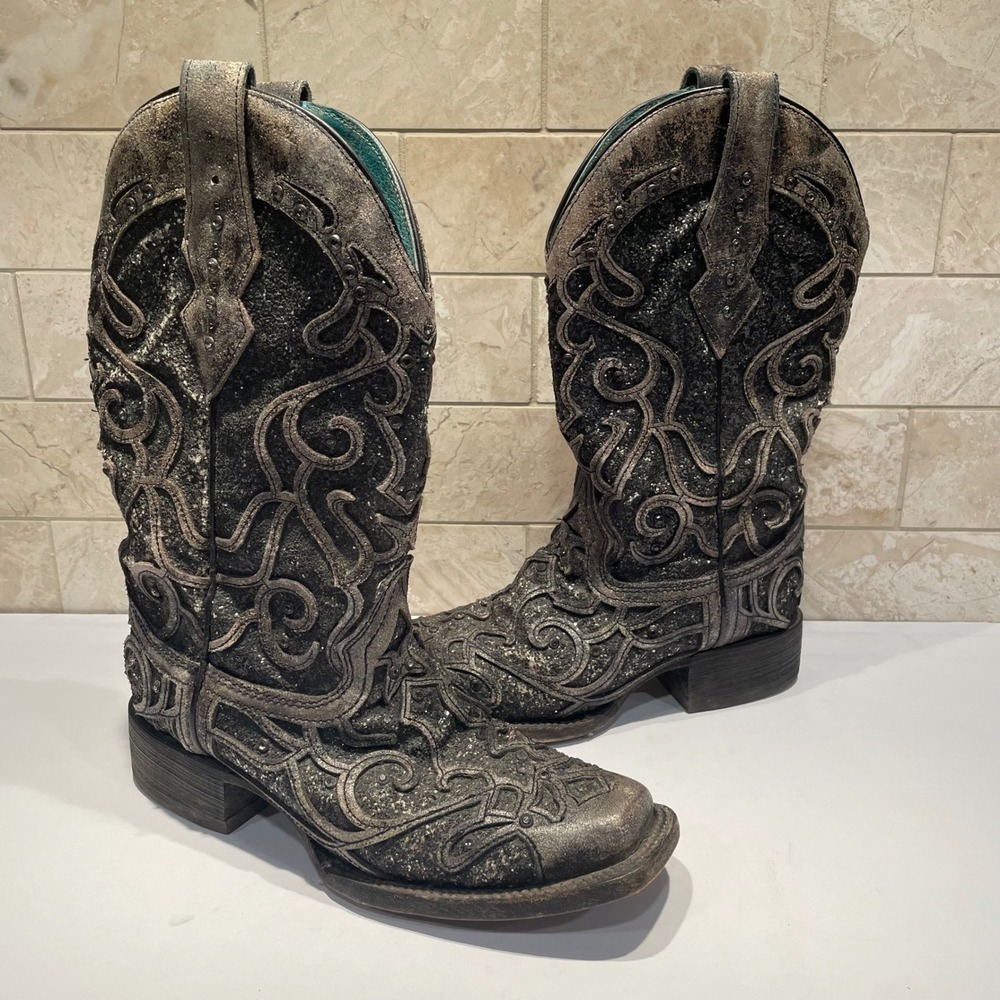 Corral C3484 Womens Glitter Inlay Studded‎ Leather Cowboy Boots Black Silver 7M